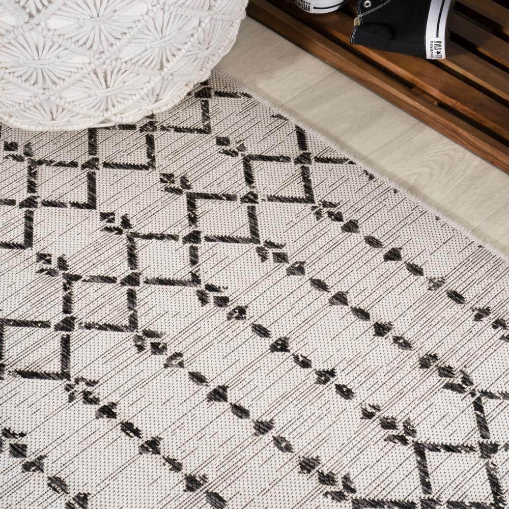 5' x 5' Ourika Moroccan Geometric Textured Weave Indoor/Outdoor Area Rug, Cream/Black - JONATHAN Y