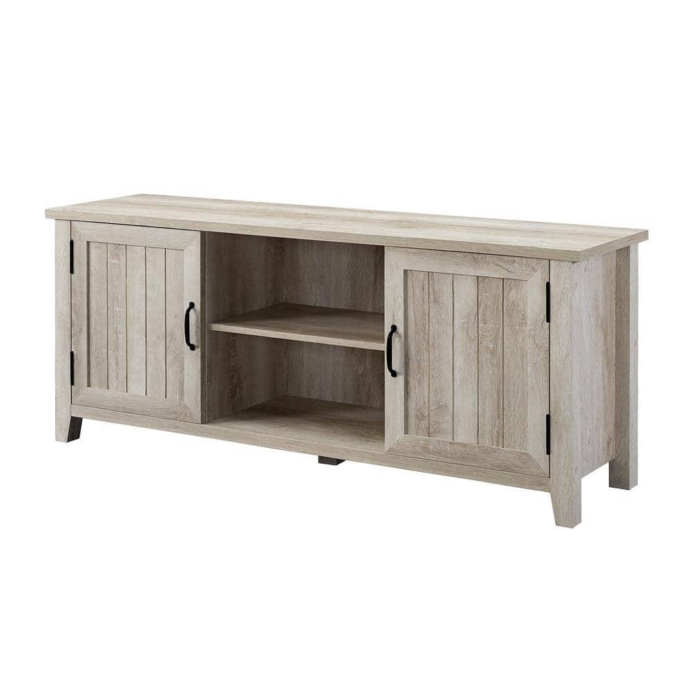 Transitional Grooved-Door 58" White Oak TV Stand with Cabinet