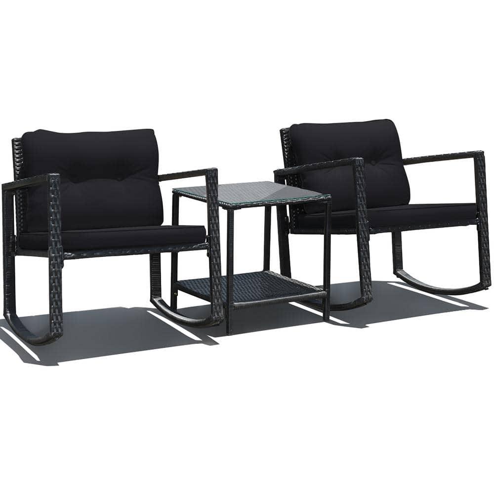 Costway 3PCS Patio Rattan Furniture Set Rocking Chairs Cushioned Sofa Black