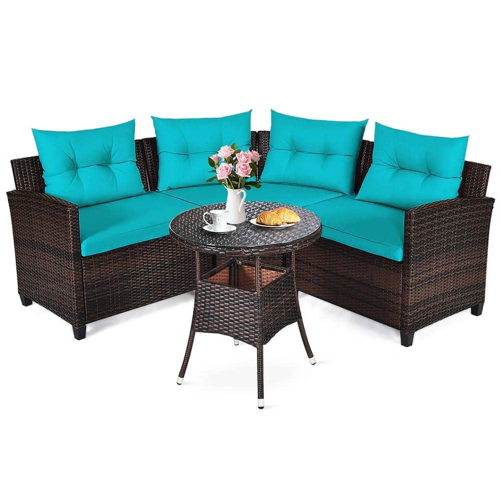 Costway 4PCS Outdoor Patio Rattan Furniture Set Cushioned Sofa Table Turquoise