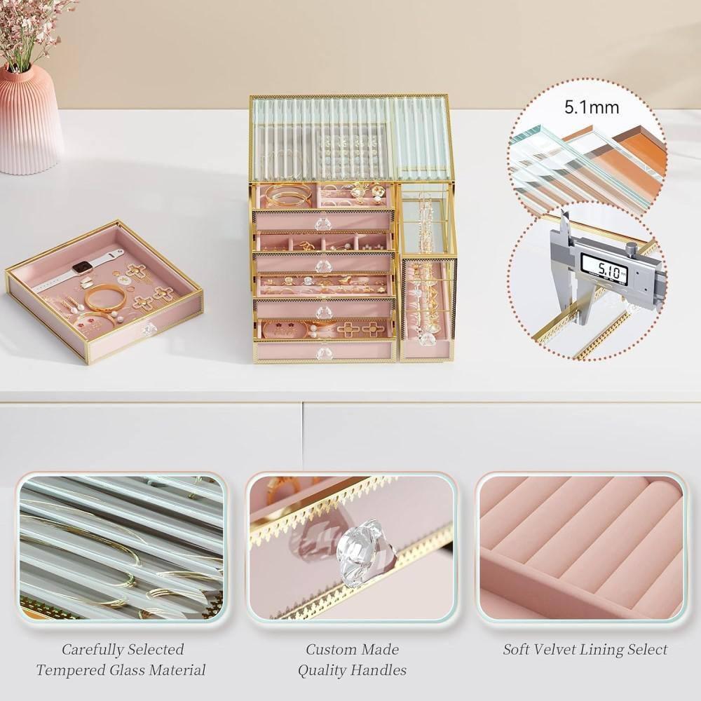 Youdepot Jewelry organizer box-Tempered Glass 5-Drawer jewelry boxes for women, Large Jewelry Boxes & Organizers With Velvet Necklaces Earring Organizer.