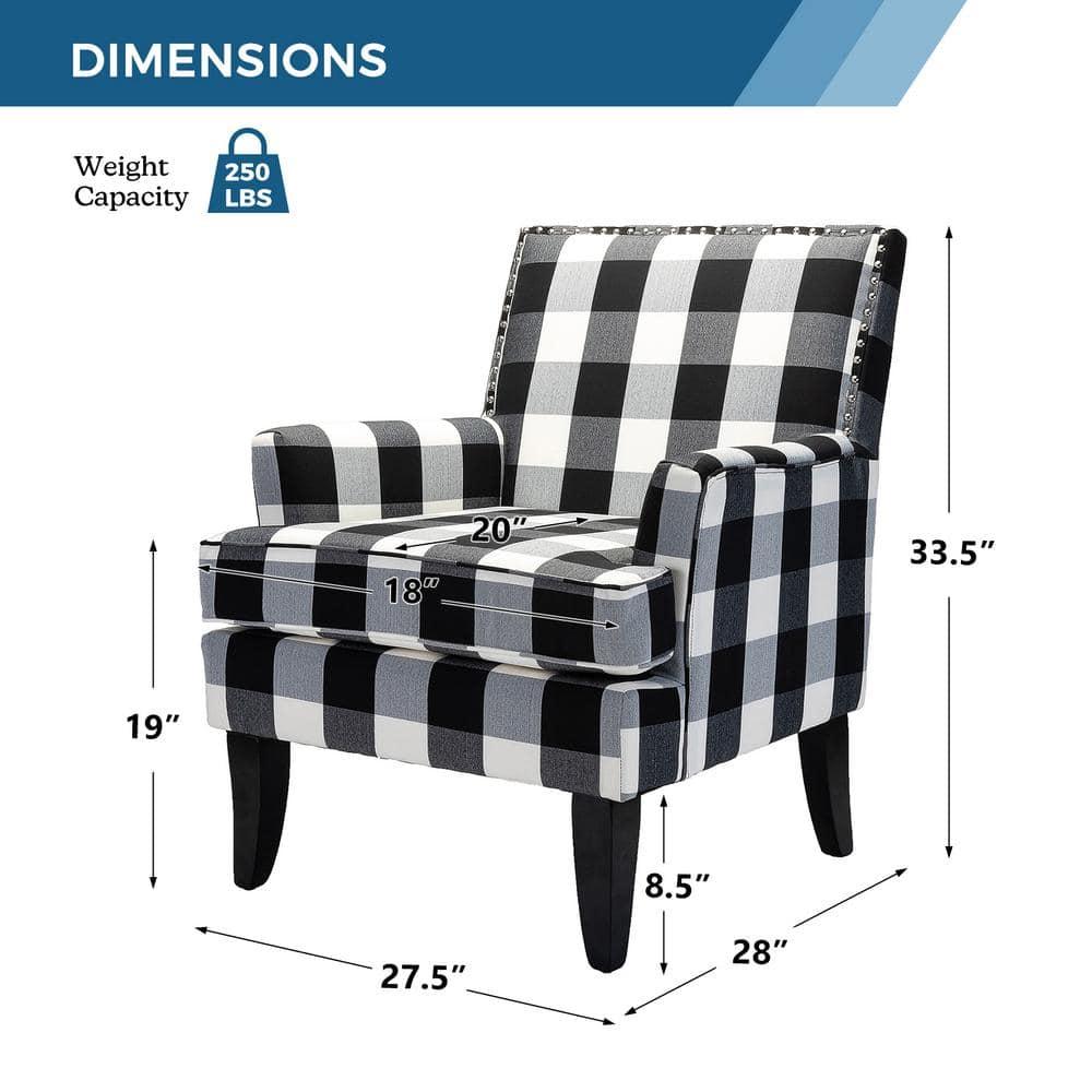 Upholstery Armchair Accent Chair Sofa Couch Wood Legs Nailhead Trim Home Living Room Bedroom Plaid White Black