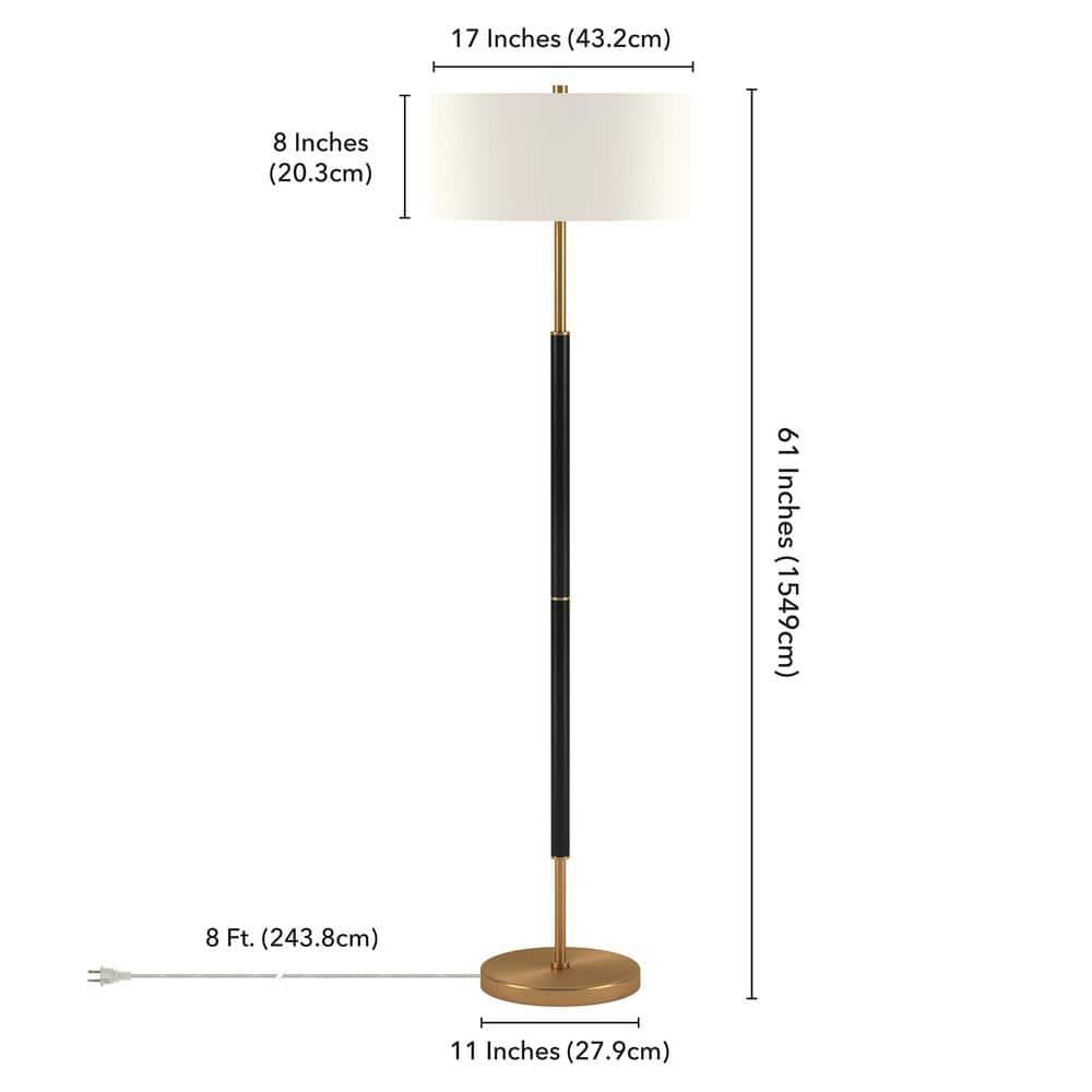 Evelyn&Zoe Simone 2-Light Floor Lamp with Fabric Shade, Matte Black/Brass/White
