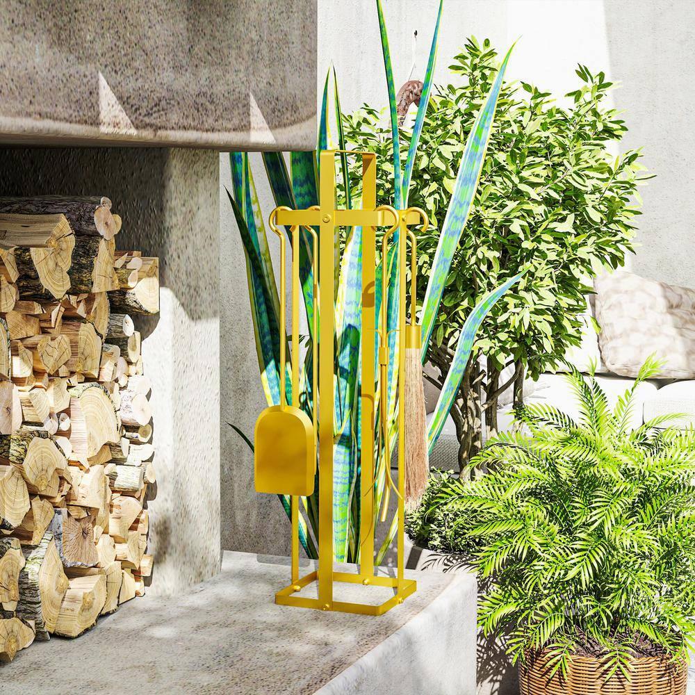 Outsunny 5 Piece Fireplace Tools Set, Metal Fireplace Accessories Set with Brush, Poker, Shovel, Tongs and Stand for Indoor or Outdoor Chimney, Gold