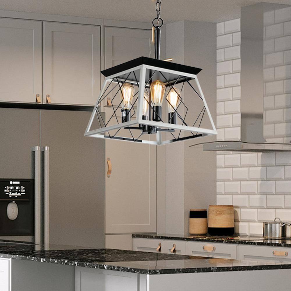 White and Black Metal Cage Square Pendant Chandelier