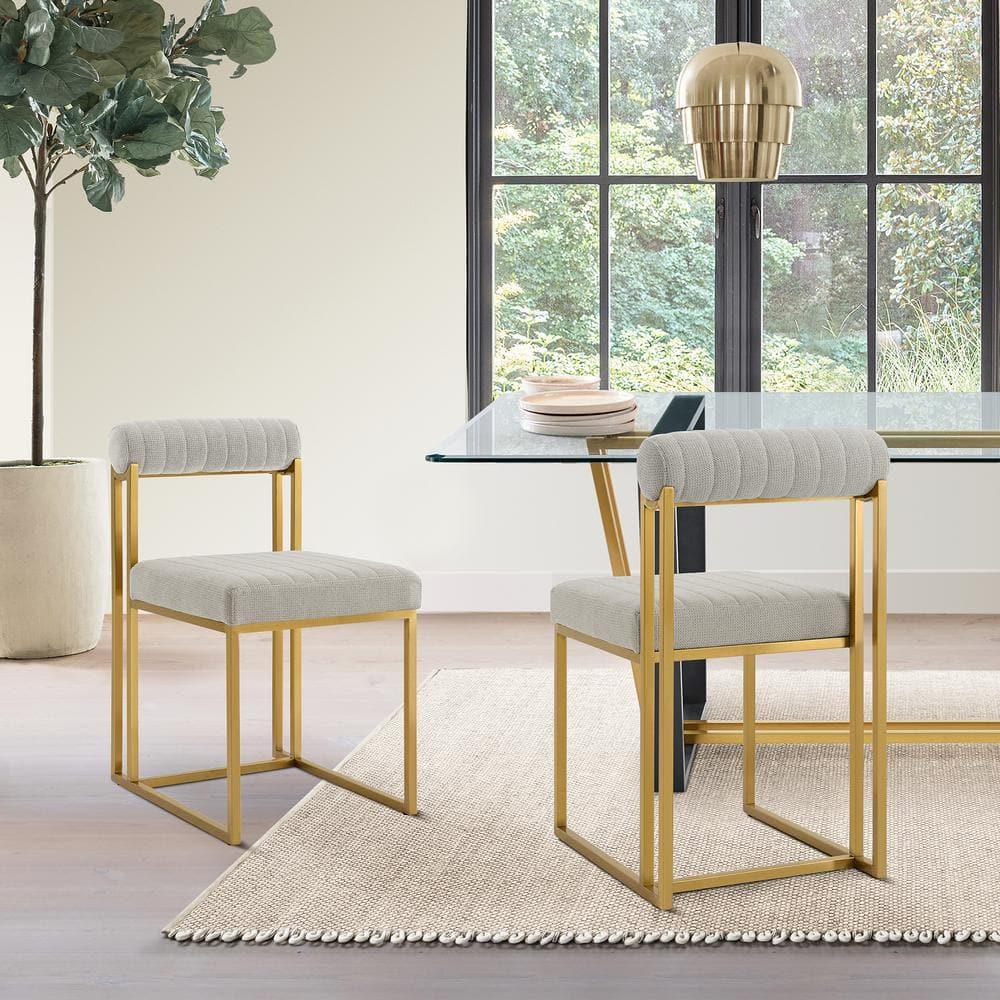 Armen Living Set of 2 Anastasia Brushed Stainless Steel and Fabric Dining Chairs Gold/Taupe