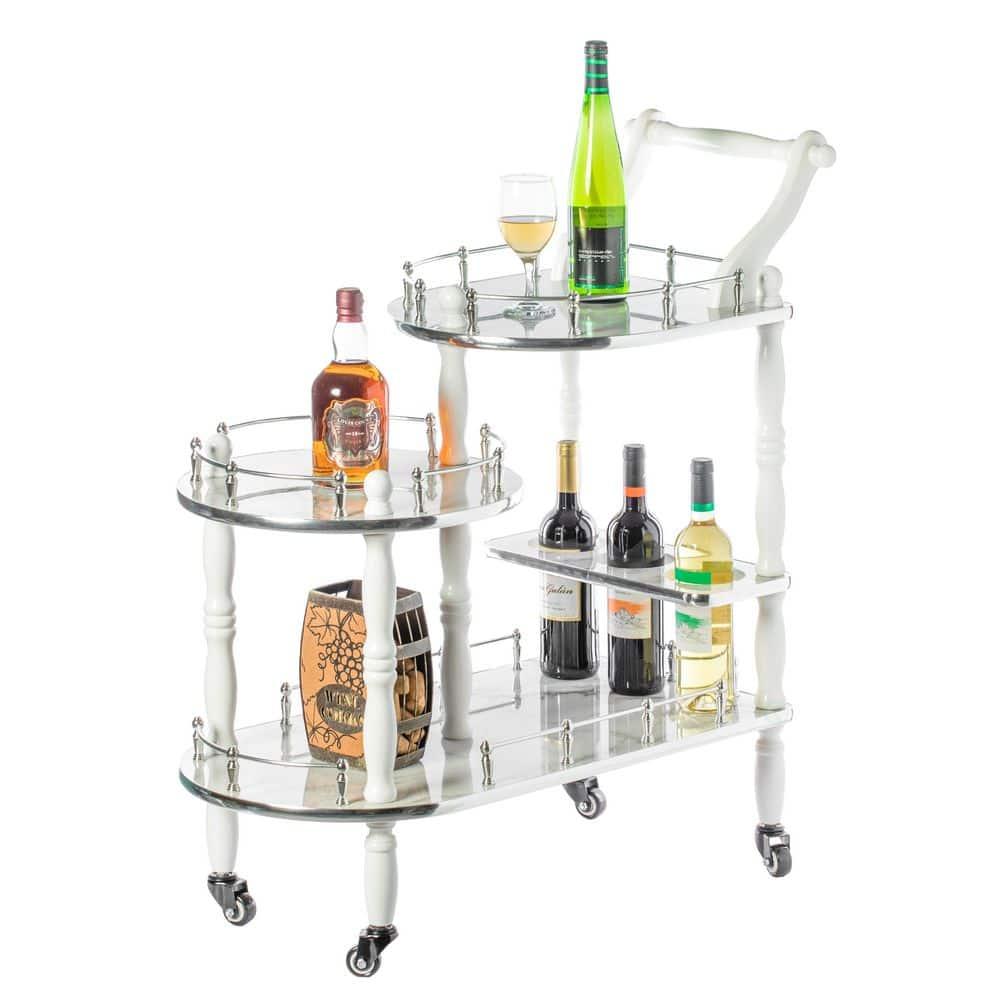 Fabulaxe Wood Serving Bar Cart Tea Trolley with 3 Tier Shelves and Rolling Wheels, Silver, White and Gray