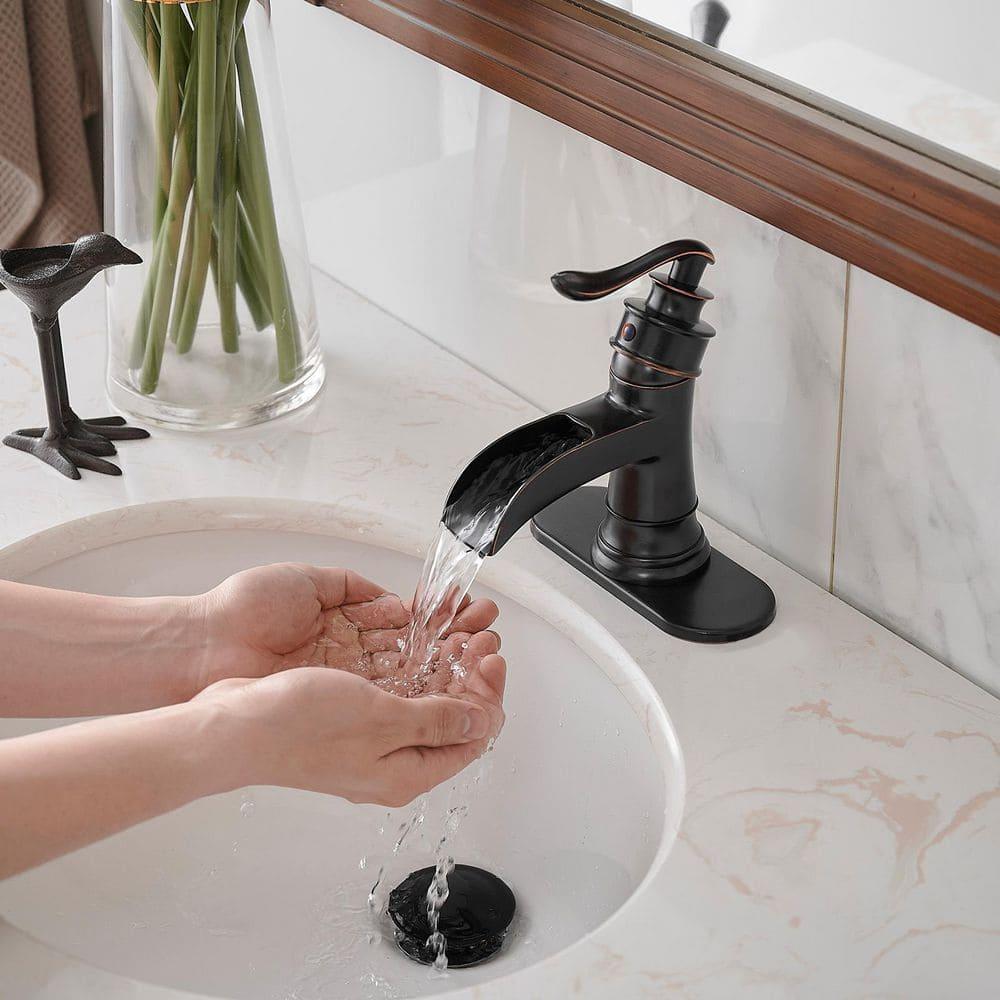 BWE Waterfall Single Hole Single-Handle Low-Arc Bathroom Faucet With Pop-up Drain Assembly