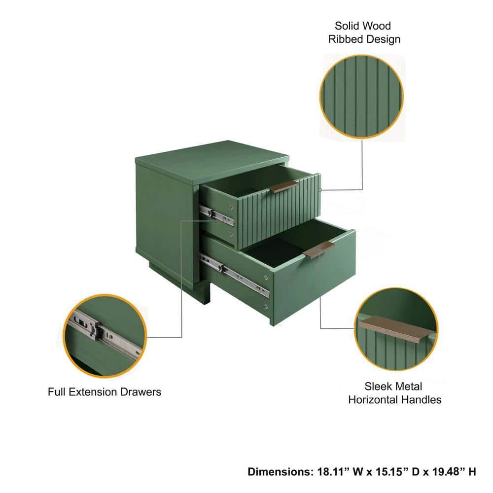 Manhattan Comfort Set of 2 Granville 2 Drawer Nightstands Sage Green: Modern Design, Soft Close, Metal Handles