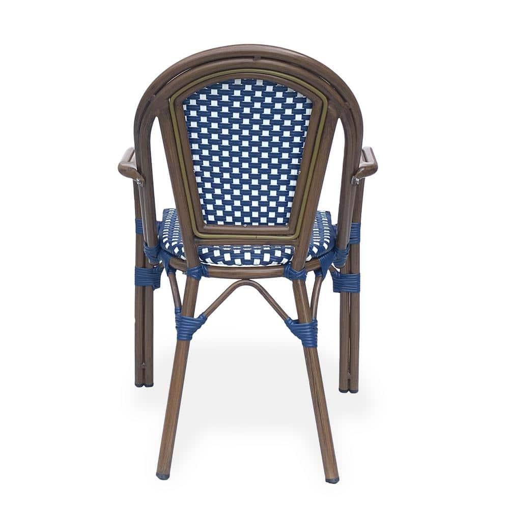 Cecil Aluminum and Wicker Outdoor French Bistro Chairs, Set of 2, Navy Blue, White, and Brown Wood
