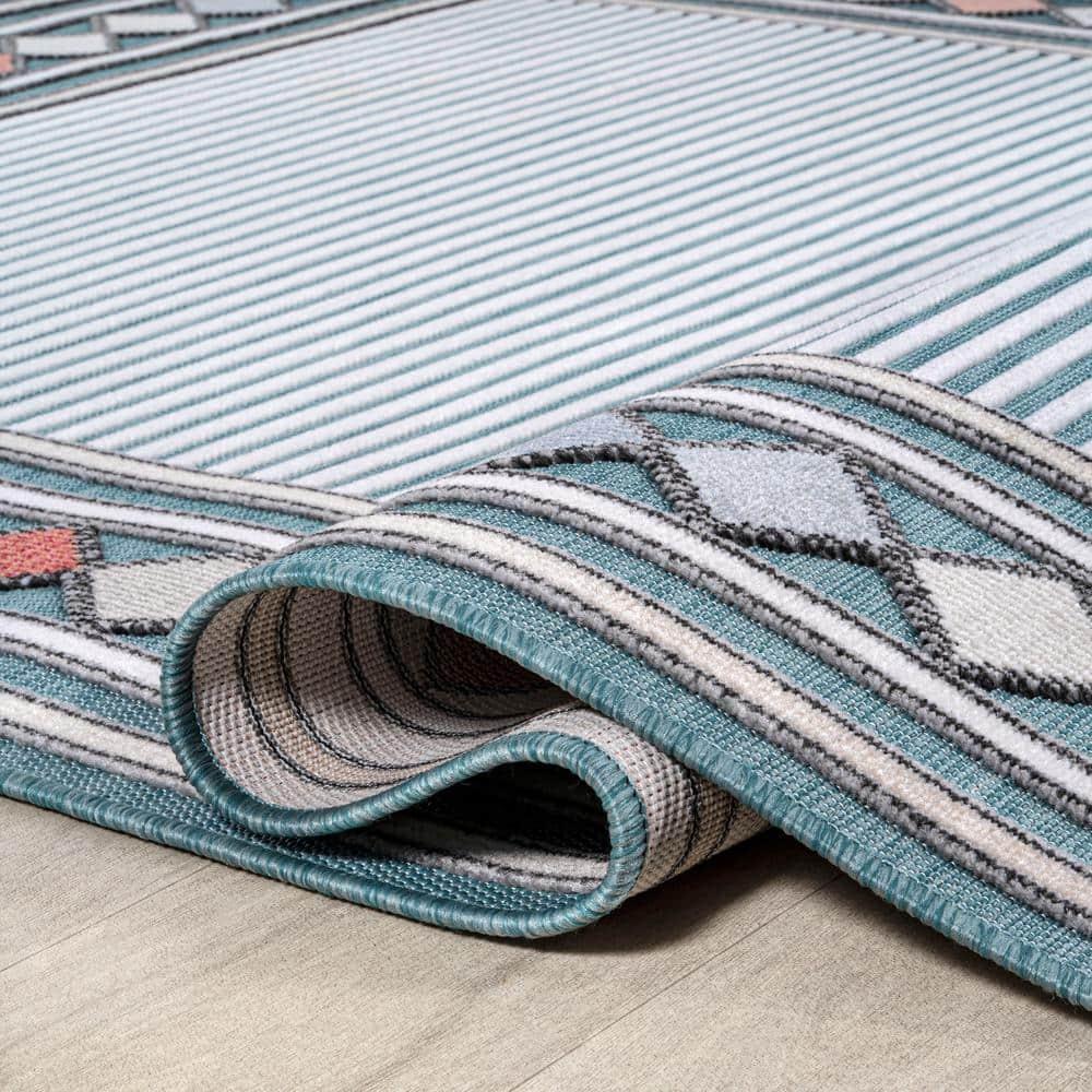 JONATHAN Y Sebastian High-Low Modern Diamond Border Blue/Ivory 5 ft. x 8 ft. Indoor/Outdoor Area Rug