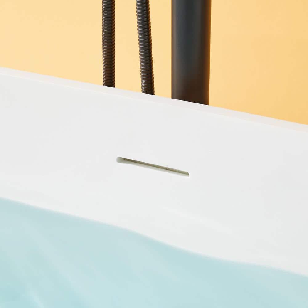 59" x 30" Freestanding Soaking Solid Surface Bathtub Stone Resin Bath Tub with Overflow and Pop-up Drain for Contemporary Bathroom, Glossy/Matte White