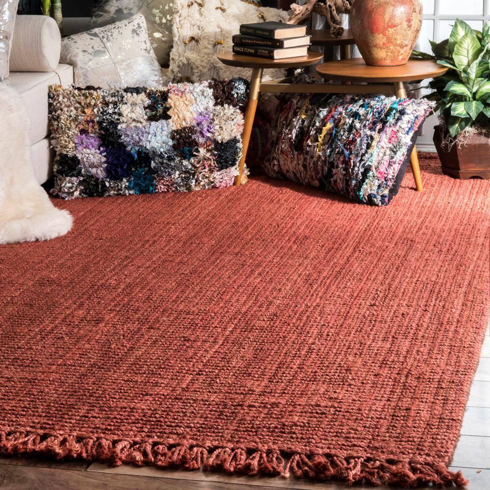 Nuloom 6x9 Daniela Jute Tassel Hand Woven Indoor Area Rug, Brick, Solid Chunky Farmhouse Design, Natural Fiber BedroomLiving Room