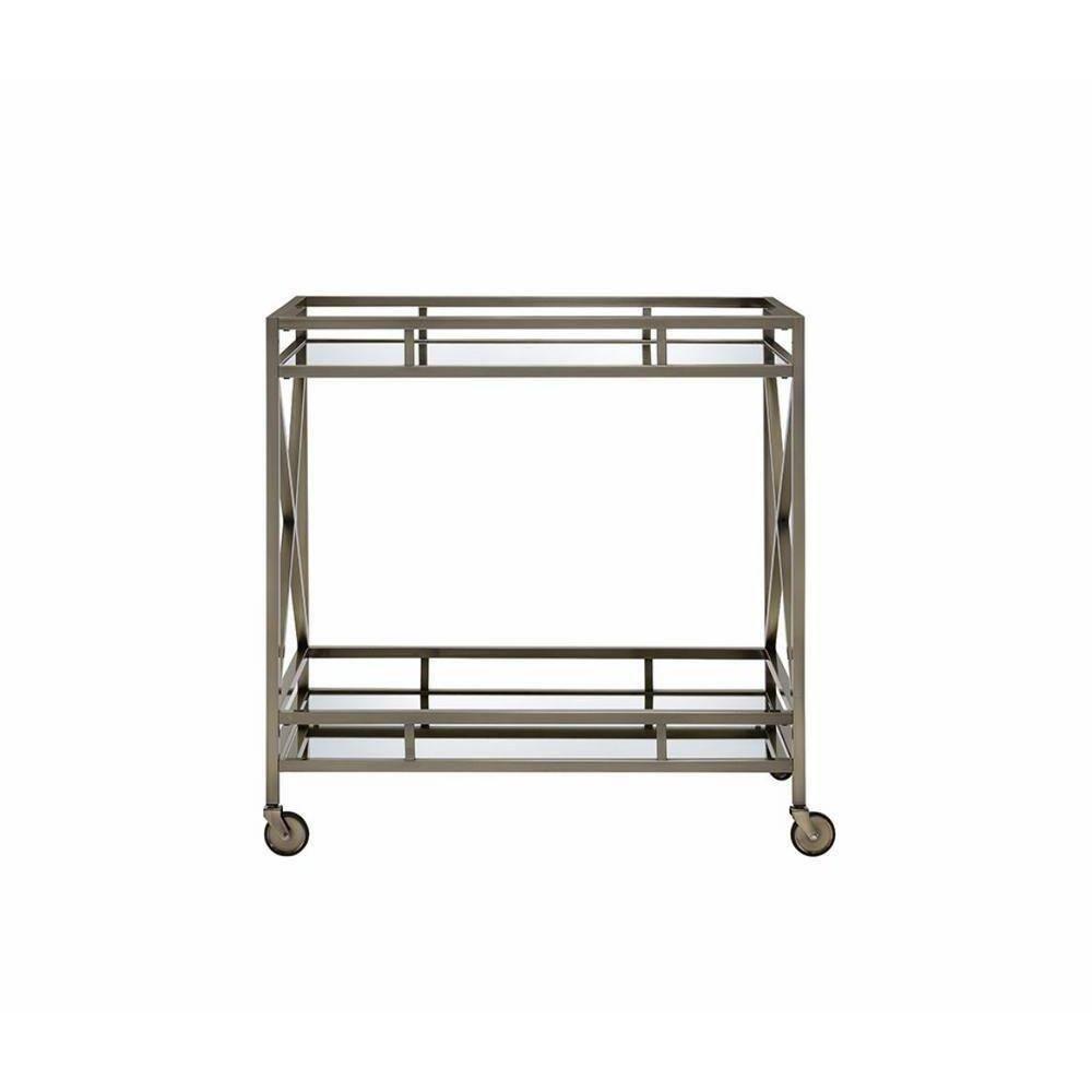 Benzara Metal Framed Two Tier Serving Cart with X Shaped Side Panels, Mirrored, Antique Gold