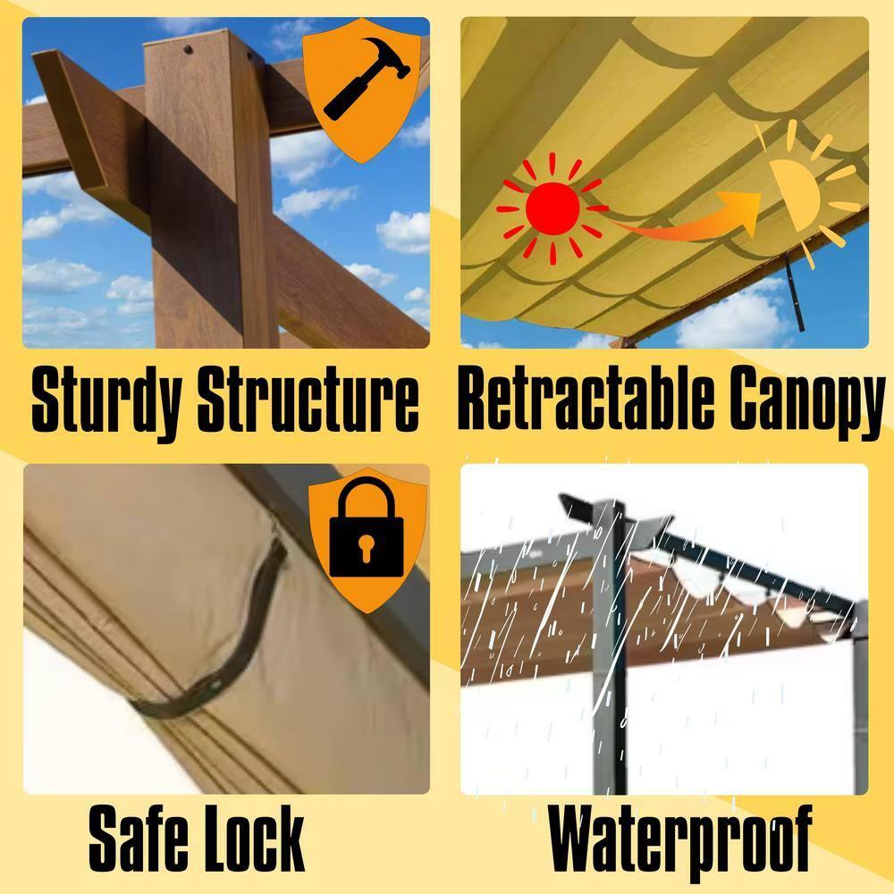 TOTAL Outdoor 10' X 13' Outdoor Aluminum Pergola with Retractable Weather-Resistant Canopy, Perfect for BBQs, Parties, Backyard, Deck, Garden, and Beach (Wood-looking)