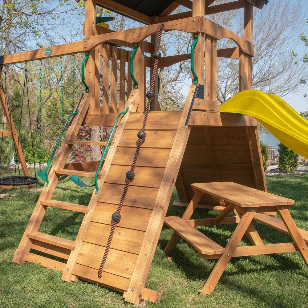 Backyard Discovery Endeavor II Cedar Wood Swing Set, Slide, Play Deck, Double Rock Wall