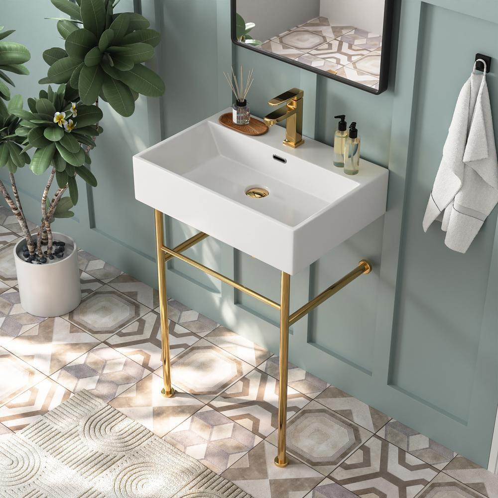 Ceramic White Rectangular Single Faucet Hole 24 in Console Bathroom Sink with Overflow