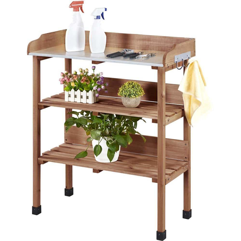 35.5 in. H Outdoor Potting Bench Table with Storage Shelf Fir Garden Wooden Potting Station