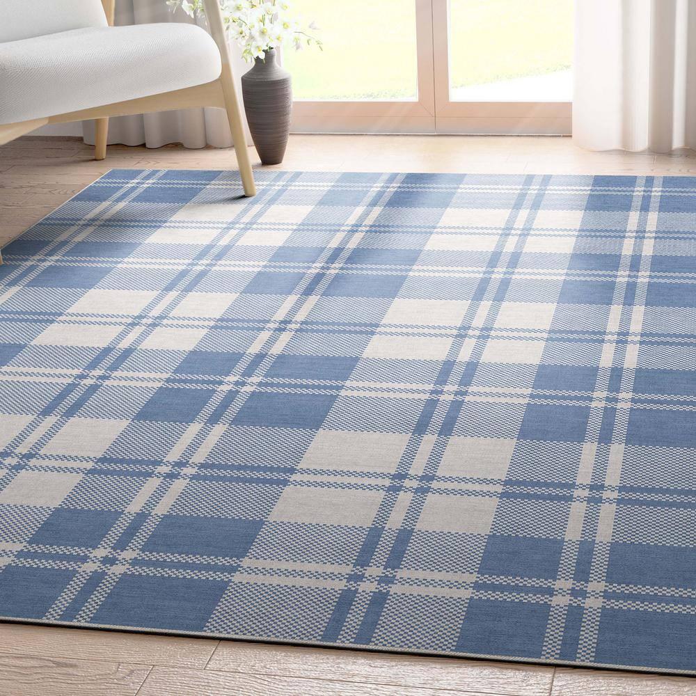 Well Woven Apollo Plaid Modern Blue Flat Pile Easy to Clean 5' x 7' Area Rug for Living Room Dining Room Bedroom and Kitchen
