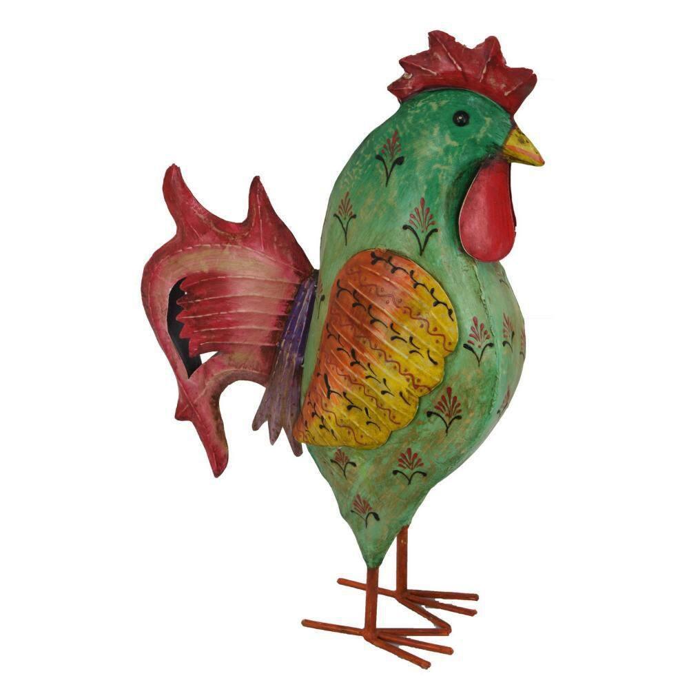 Benjara Rookie Painted Rooster, Garden Decor, Green Red Yellow Metal, 26 Inch