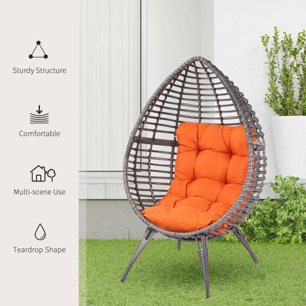 Outsunny Egg Chair w/ Soft Cushion, Teardrop Cuddle Seat, Outdoor / Indoor, PE Plastic Rattan Furniture, Adjustable Height, Orange