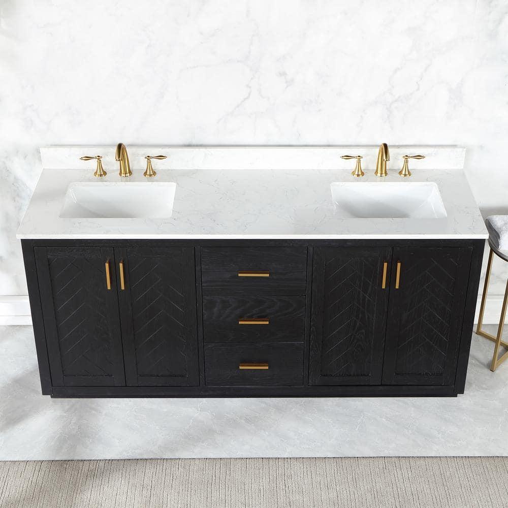 Gazsi 72" Double Bathroom Vanity Set in Black Oak with Grain White Composite Stone Countertop Without Mirror