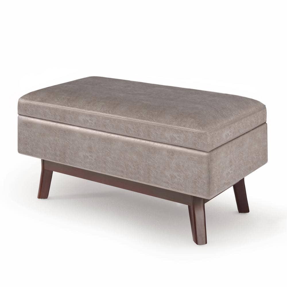 Simpli Home Owen 36 inch Wide Mid Century Modern Rectangle Small Rectangular Storage Ottoman in Distressed Grey Taupe Faux Air Leather