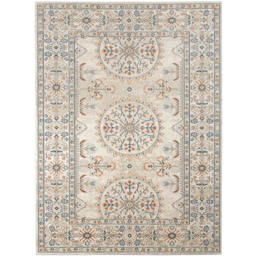 Bohemian 9x12 Area Rug Beige Polypropylene Rectangle Low Pile Bordered Pattern Rugs for Living Room Dining Room Bedroom