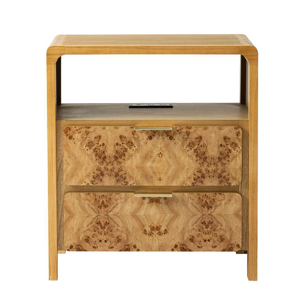 COZAYH Farmhouse 2 Drawer Home Bedroom Nightstand with Charging Station, Side Table with Power Outlet, USB and Type-C Ports, Burl Wood Finish, Natural
