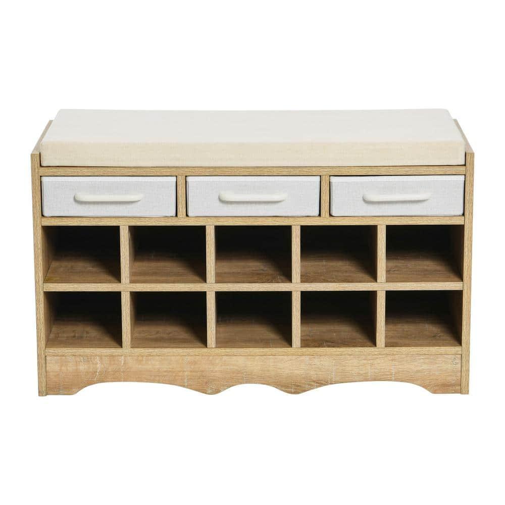 Household Essentials Entryway Storage Bench with 3 Beige Drawers 10 Shoe Compartments and Cushioned Seat in Coastal Oak Rustic Wood Grain