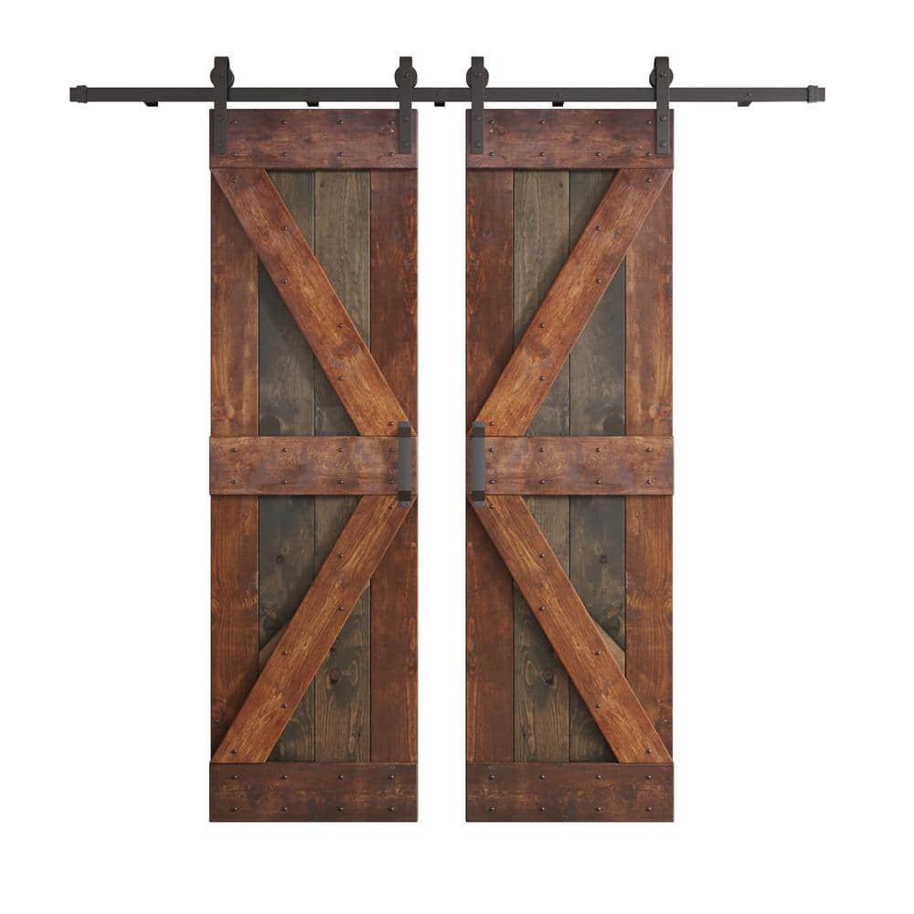 Paneled Wood K Series Double Barn Door with Installation Hardware Kit