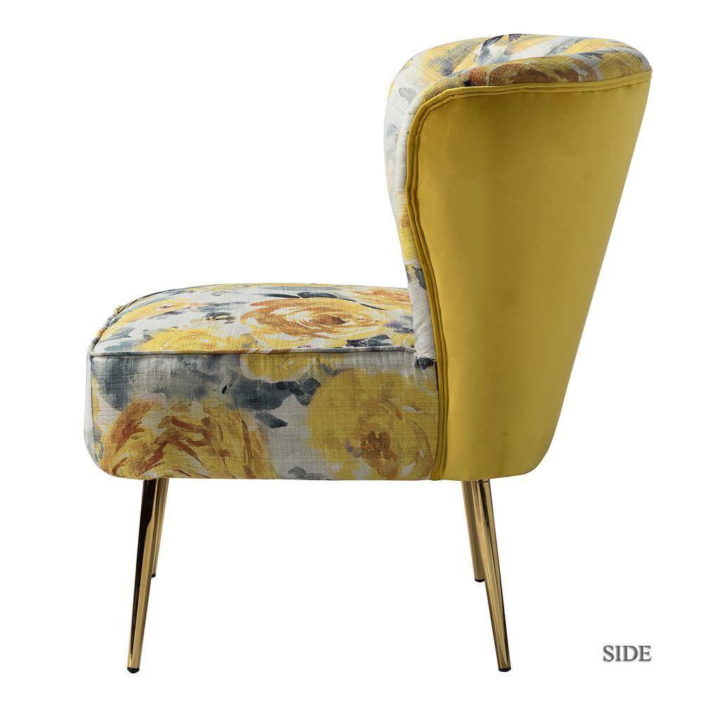 Contemporary Upholstery Accent Chair Metal Base Tufted Back Elegant Pattern seat Home Living Room Bedroom Yellow