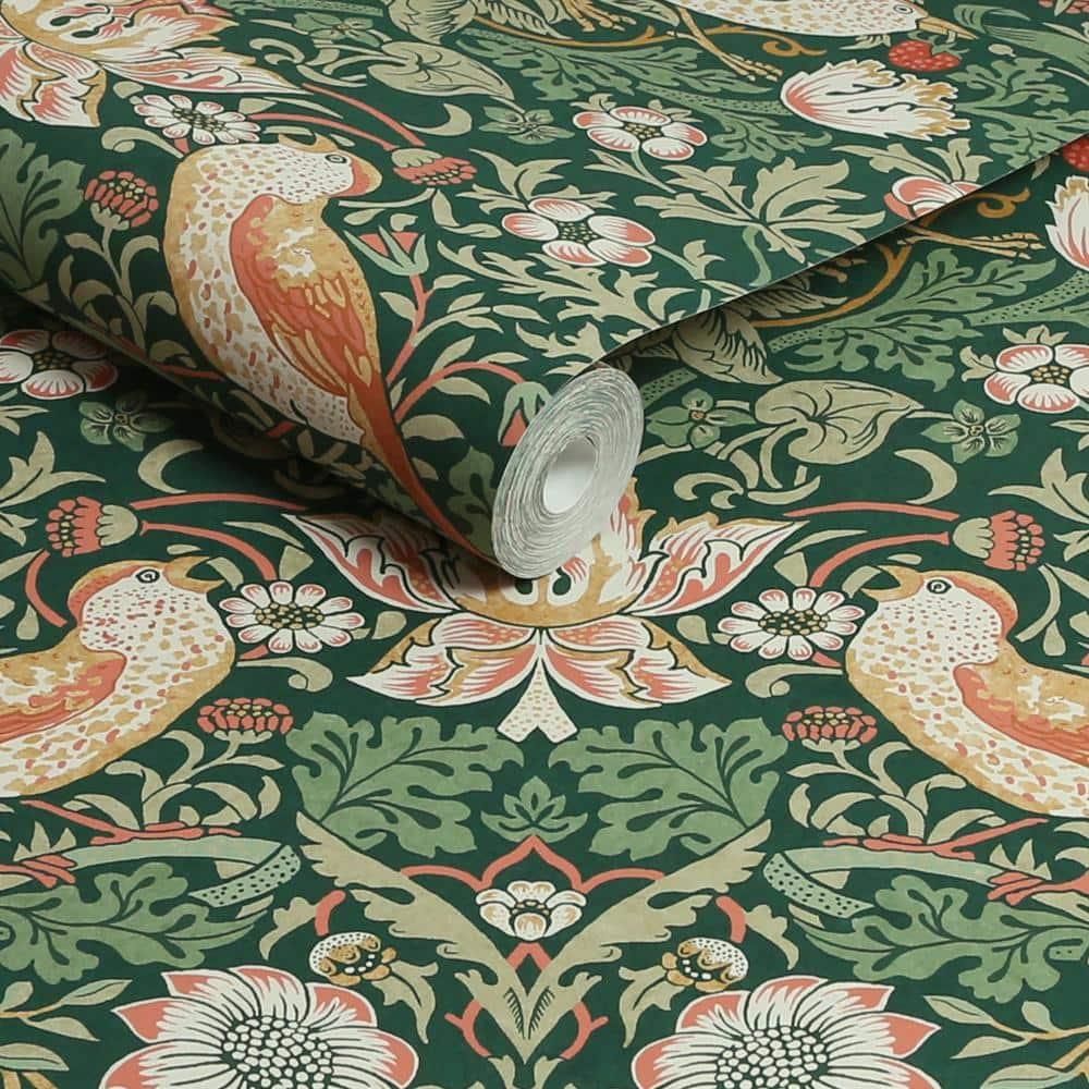 William Morris at Home Strawberry Thief Rich Green Wallpaper