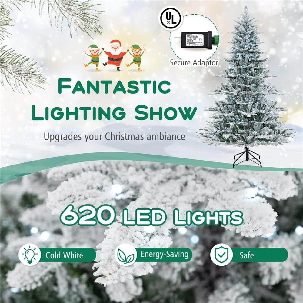 Costway 7Ft Premium Hinged Snow Flocked Slim Artificial Christmas Fir Tree w/ Pine Cones