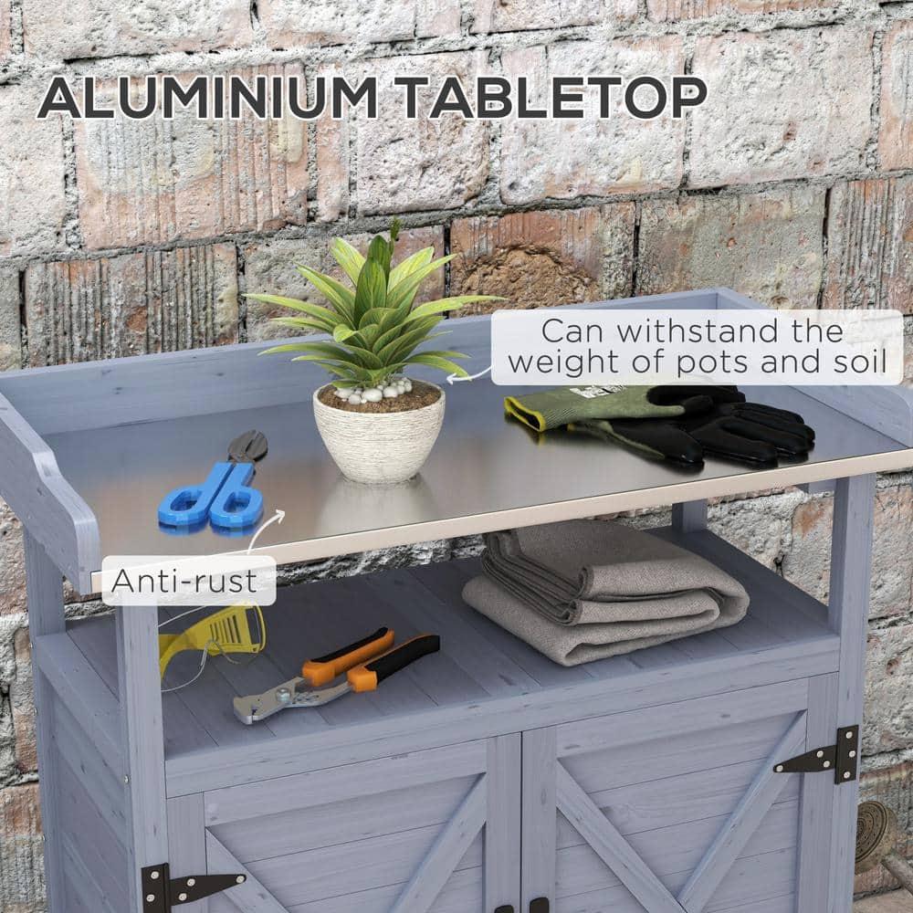 Outsunny Outdoor Potting Bench, Wooden Potting Table with Storage Cabinet, Aluminum Tabletop, Rubber Wheels for Backyard, Patio, Balcony, Gray