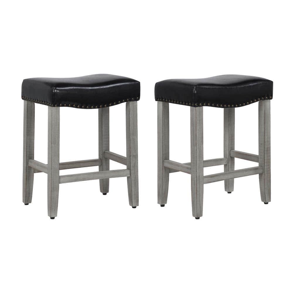 24" Inch Upholstered Saddle Seat Bar Stool (Set of 2), Antique Gray/Leather