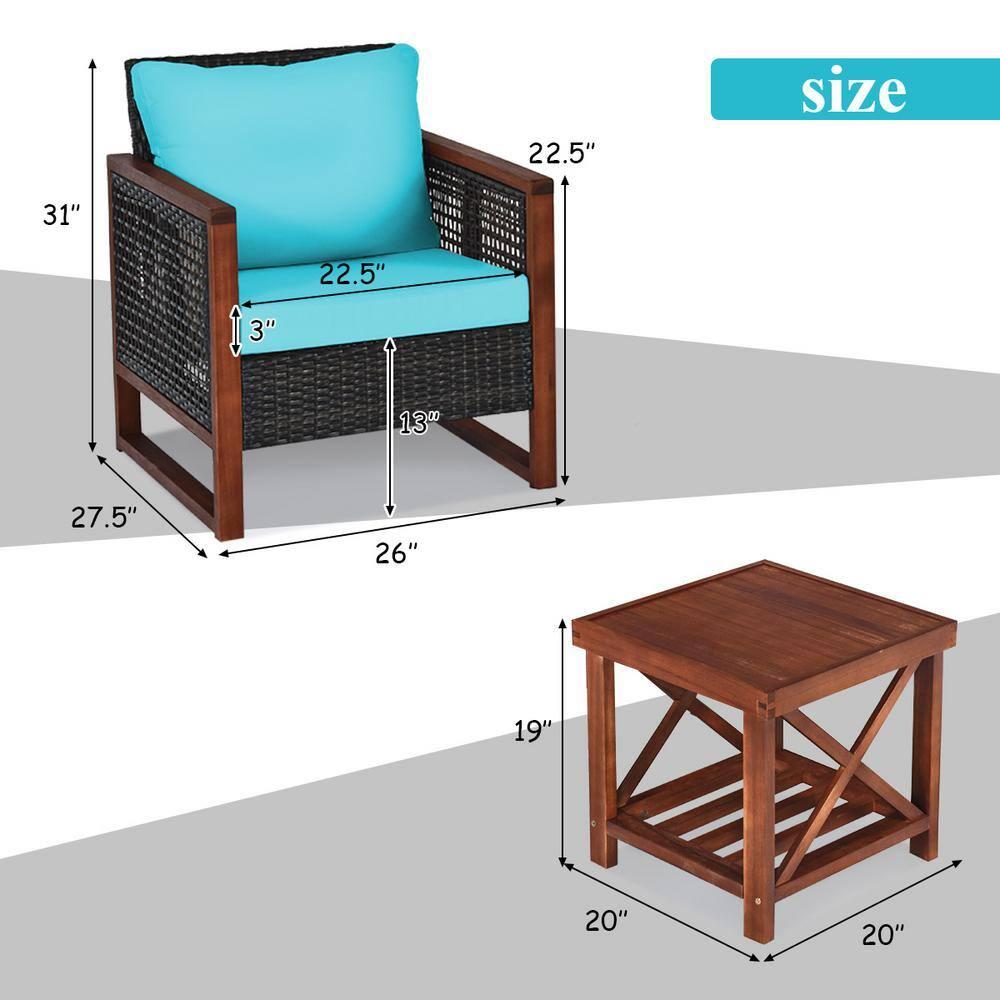 Patiojoy 3PCS Patio Rattan Bistro Set Acacia Wood Frame Sofa and Side Table Turquoise Cushions