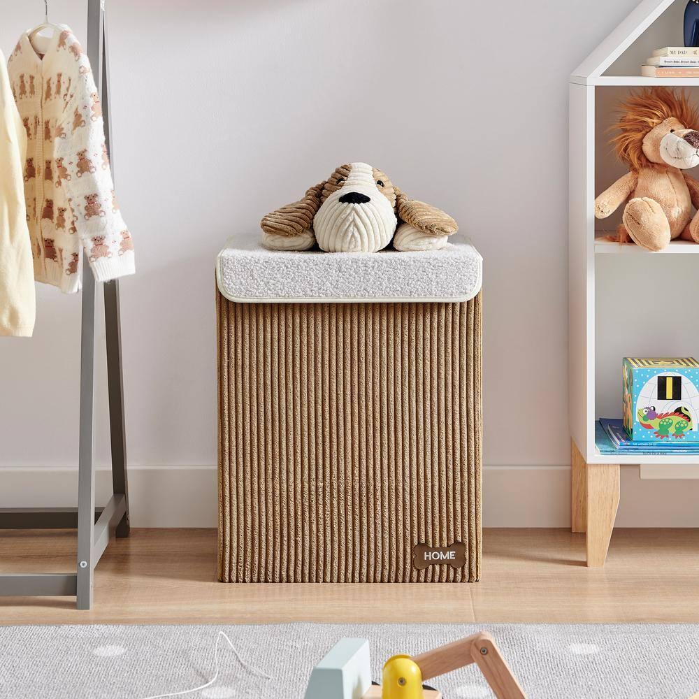 Danya B. Collapsible Folding Corduroy Kids' Laundry Hamper Toy Storage Brown with Dog Lid