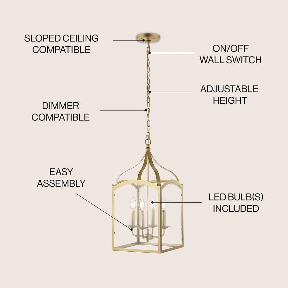 11" LED 4-light Ruth Classic Lantern Metal/Glass Pendant Antique Gold - JONATHAN Y: ETL Listed, Adjustable Height