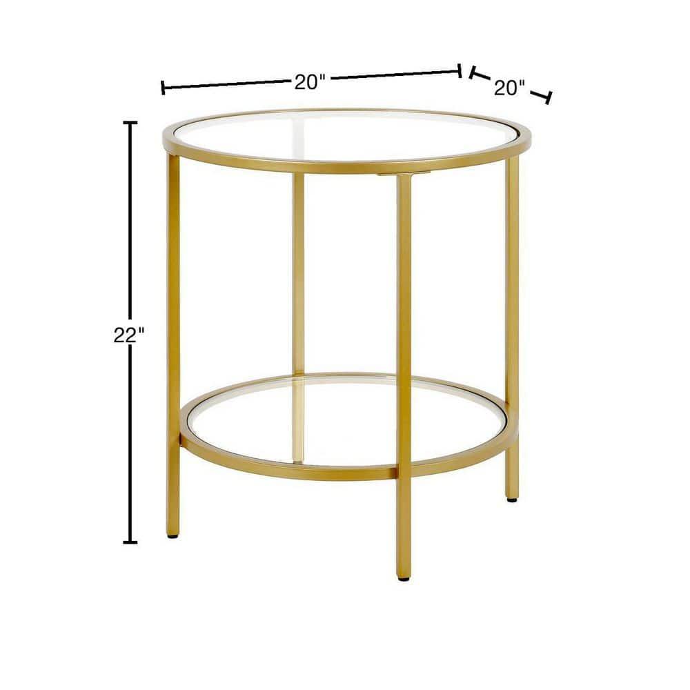 Evelyn&Zoe Sivil 20" Wide Round Side Table with Glass Shelf, Brass