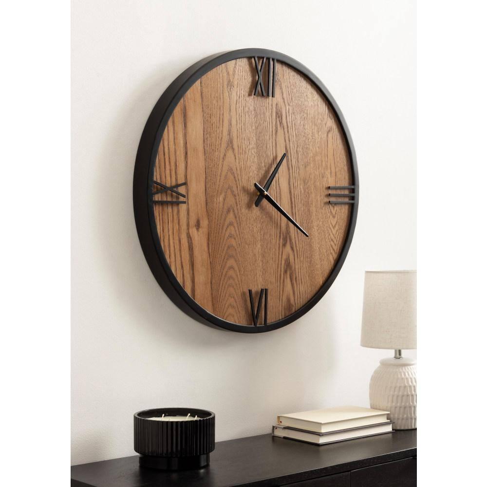 Kate and Laurel Pronte Modern Round Wood and Metal Wall Clock, 22 Inch Diameter, Rustic Brown and Black, Decorative Minimal Clock for Bedroom, Entryway, or Living Room Decor