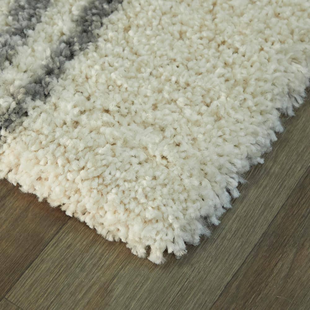 White and Grey Geometric Shag Synthetic 6' x 9' Area Rug