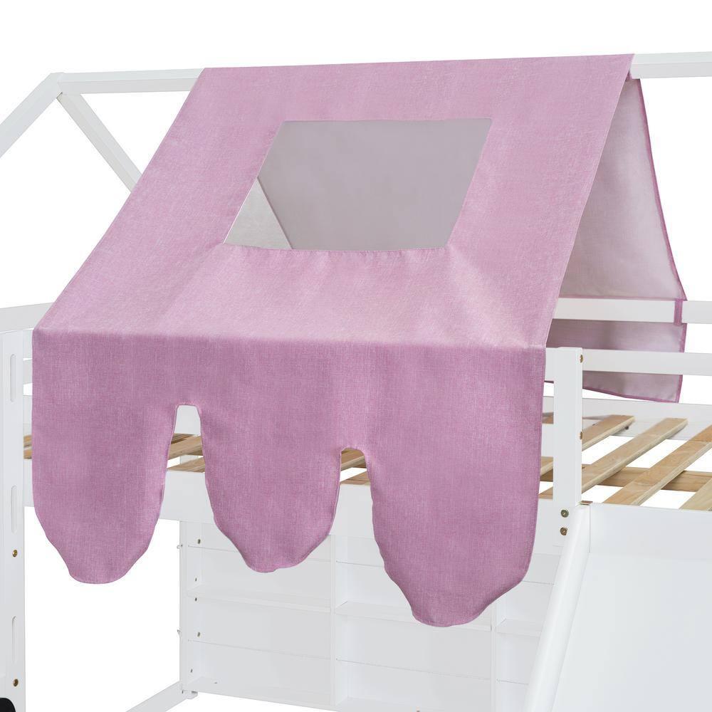 Kumix Full Size Loft Bed with Slide and Tent, House Loft Bed with Car-Shaped Storage and 2 Tier Shelves, Wood Loft Bed with Safety Guardrail & Ladder for Kids Teens Boys Girls, Noise-Free, Pink