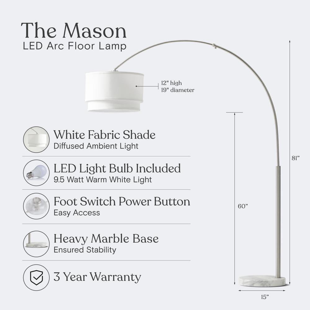 Mason 81 in. Modern Adjustable LED Arched Standing Floor Lamp with Fabric Drum Shade and Weighted Marble Base