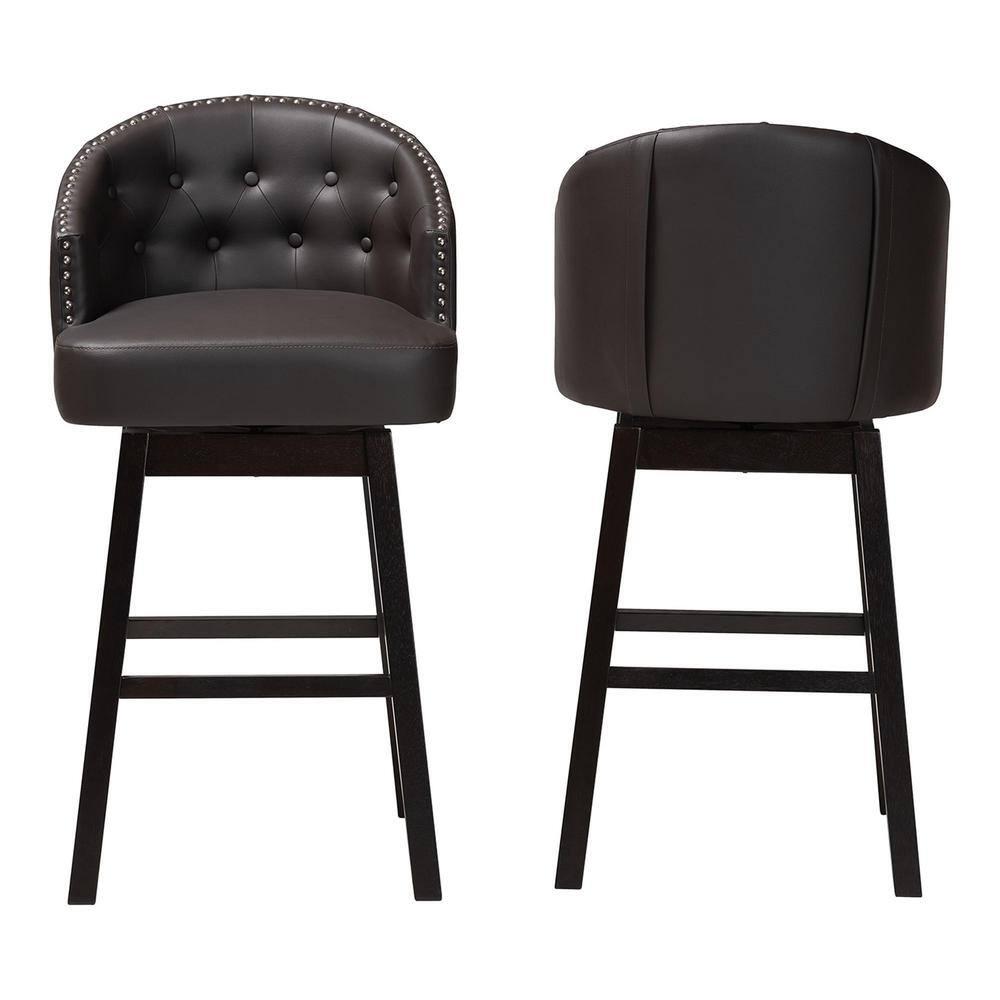 Baxton Studio Avril Modern and Contemporary Brown Faux Leather Tufted Swivel Barstool with Nail heads Trim (Set of 2)