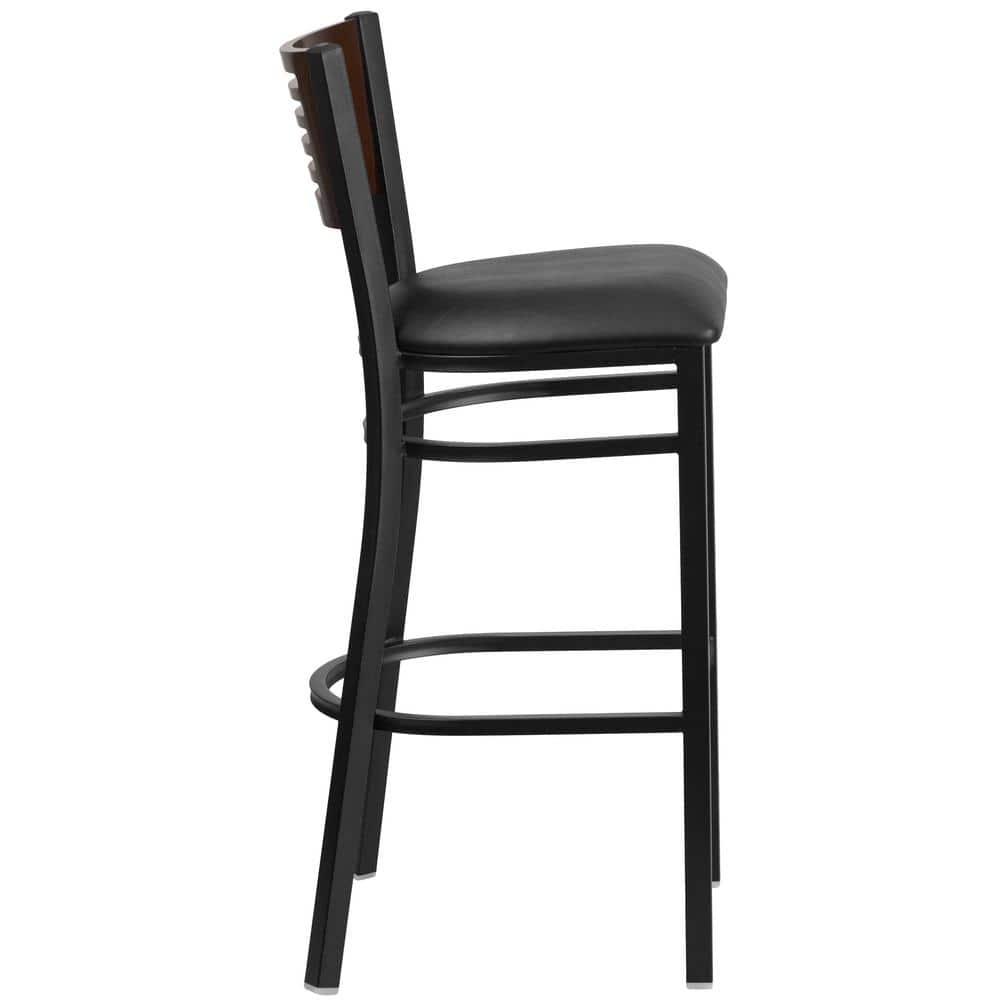 Flash Furniture HERCULES Series Black Slat Back Metal Restaurant Barstool - Walnut Wood Back, Black Vinyl Seat