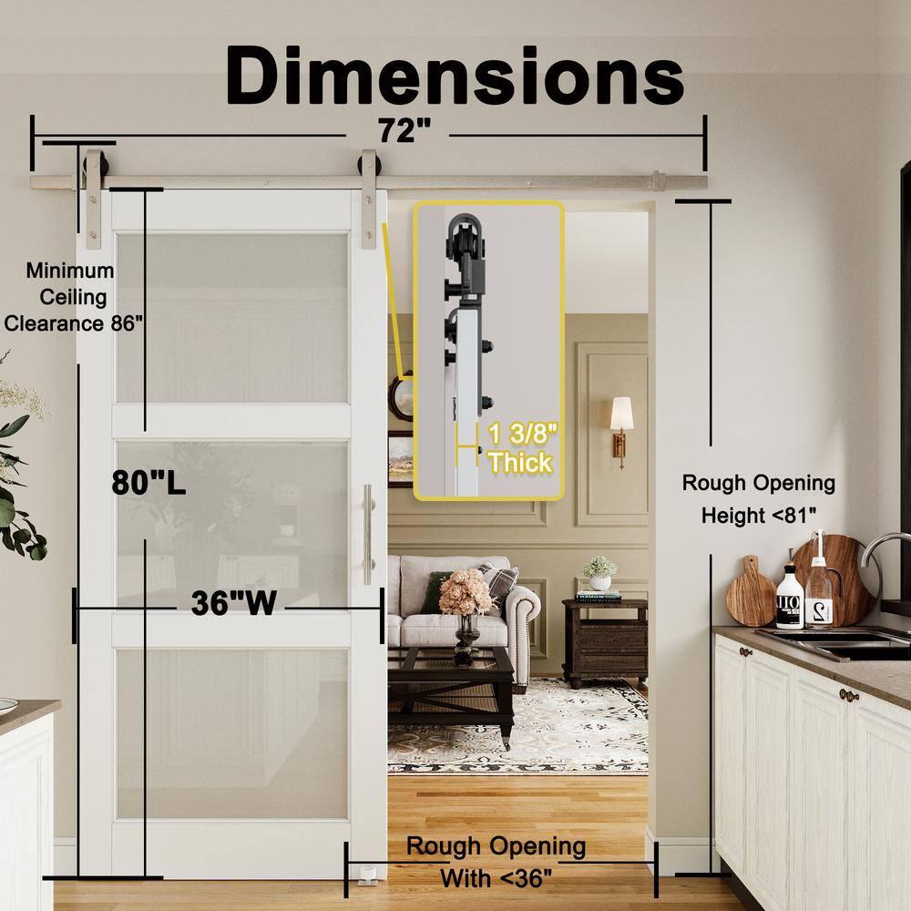 Home Worthy Frosted Glass Solid Manufactured Wood Painted Sliding Barn Door with Nickel-Hardware Kit(No Assembly Required)