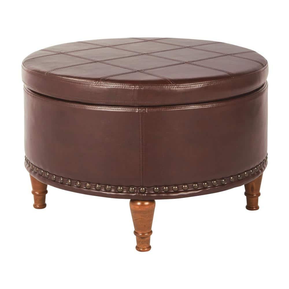 OSP Home Furnishings Alloway Storage Ottoman in Espresso Faux Leather with Antique Bronze Nailheads