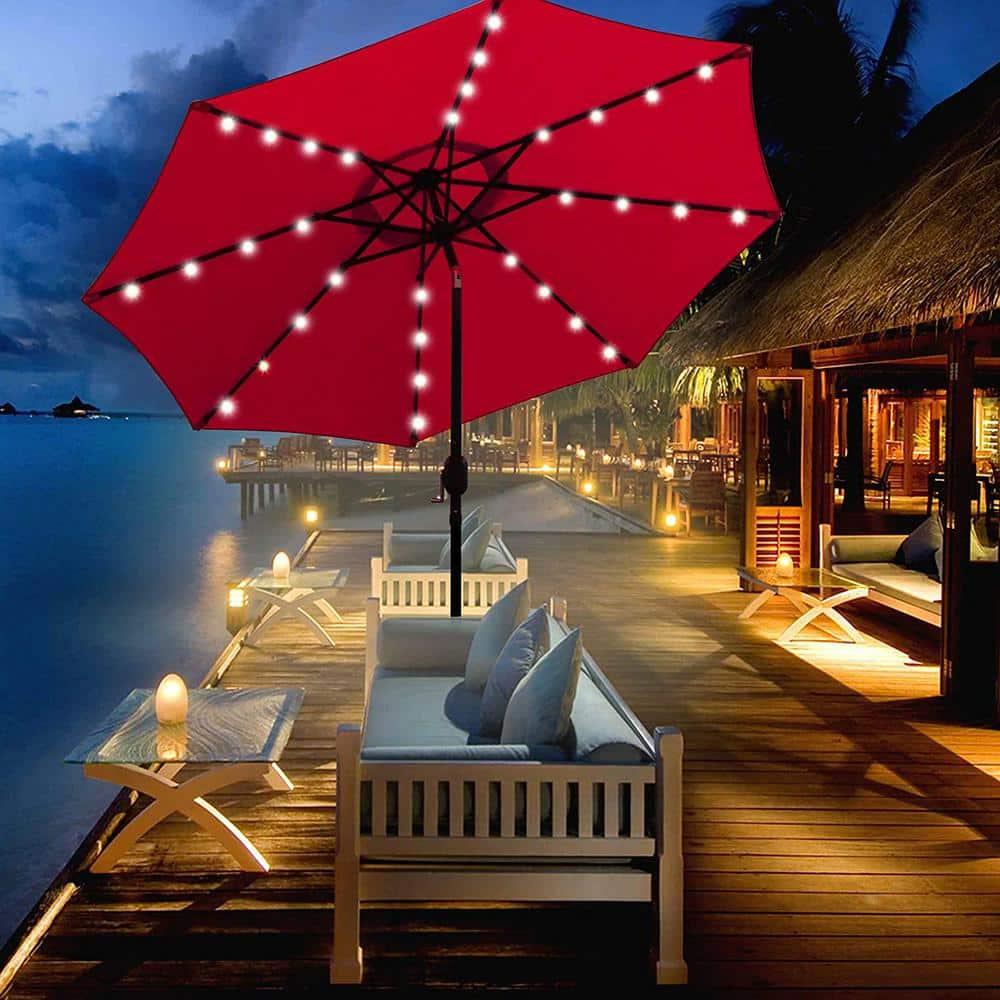 Blissun 9 ft Solar Umbrella, 32 LED Lighted Patio Umbrella, Table Market Umbrella, Outdoor Umbrella for Garden, Deck, Backyard, Pool and Beach (Red)
