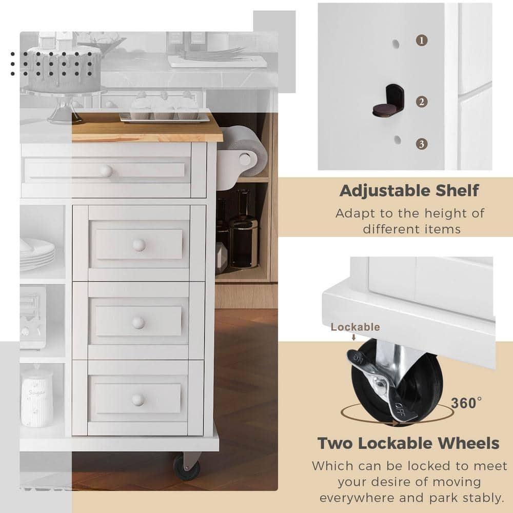 Kitchen Island Cart with 5 Drawers, 1 Cabinet and 2 Adjustable Shelves, 52.8" Kitchen Trolley Cart with Spacious Tabletop and Locking Wheels, Buffet Server Sideboard with Spice Rack & Towel Rack White